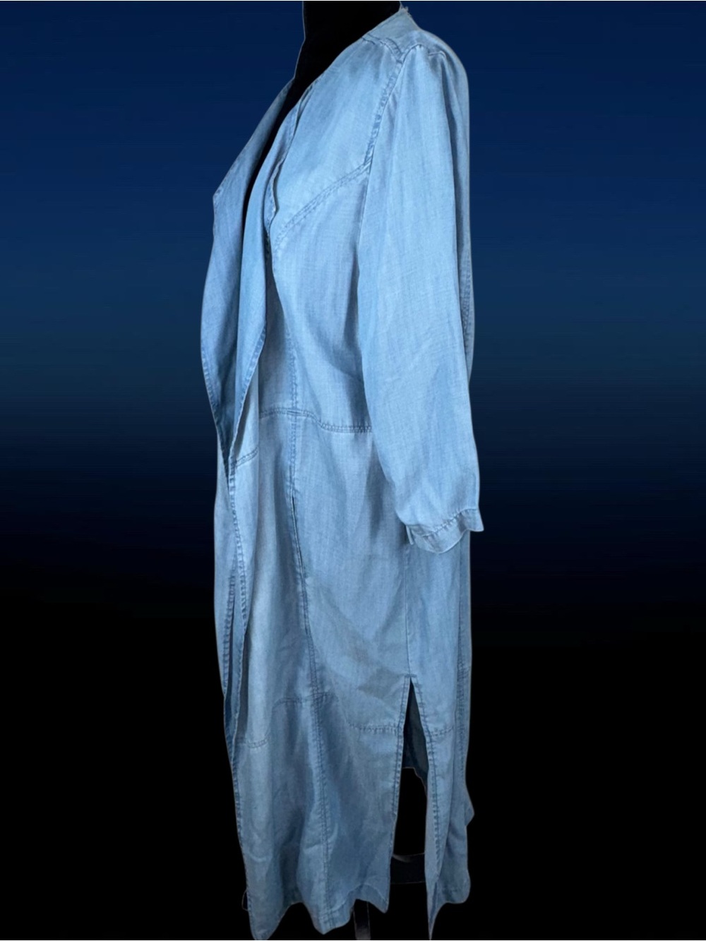 CHICOS Black Label Chambray Blue Duster Open Coat Jacket Western Sz 2 Large - Picture 3 of 13